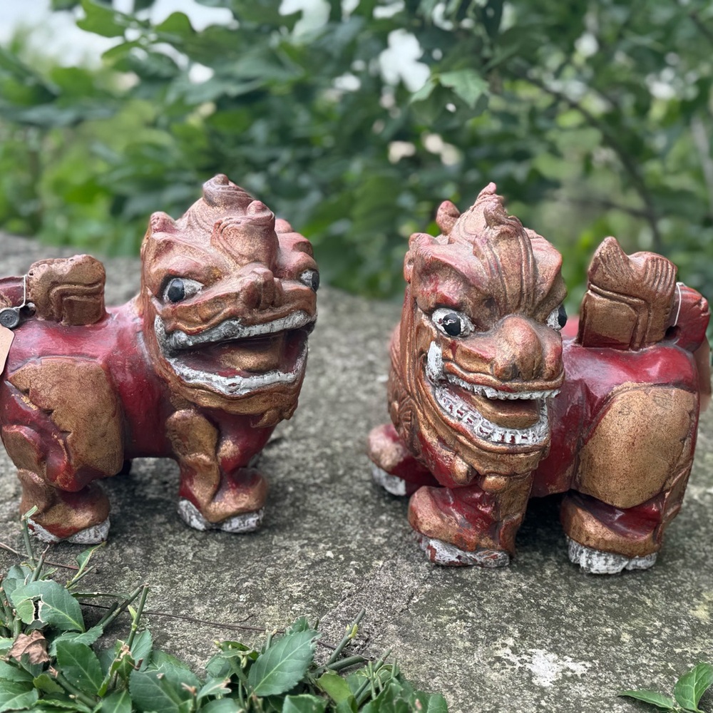 2 Vintage Carved Wood Thai Guardian Foo Dog Statues - Picture 11 of 16